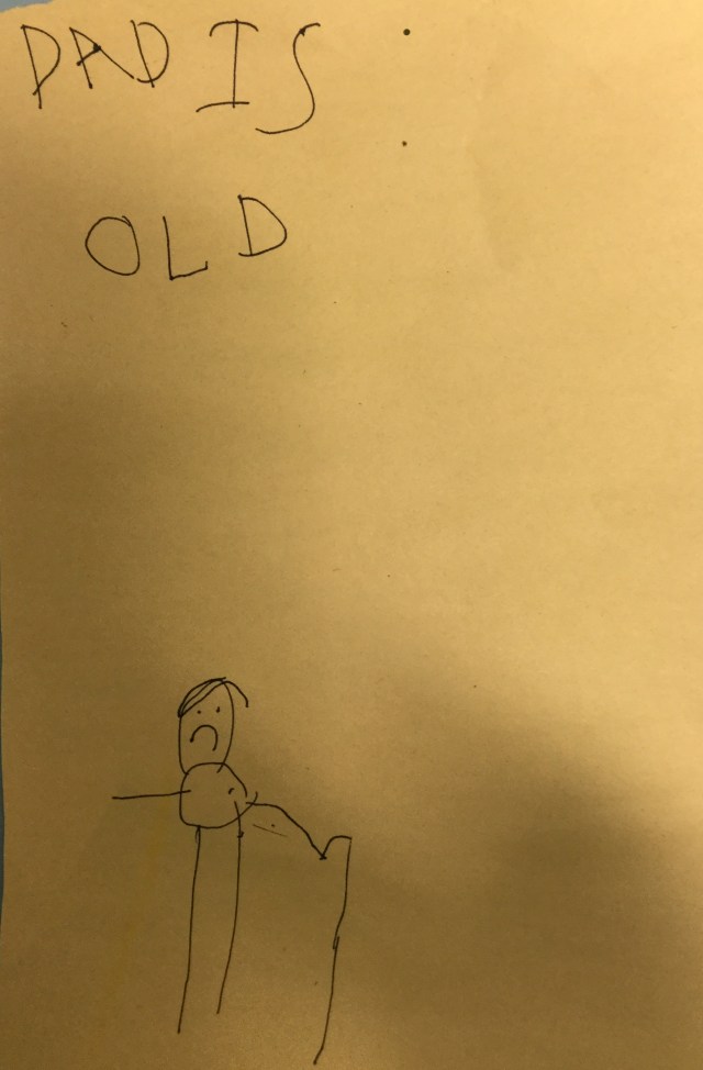 A drawing of a stick figure with a cane.